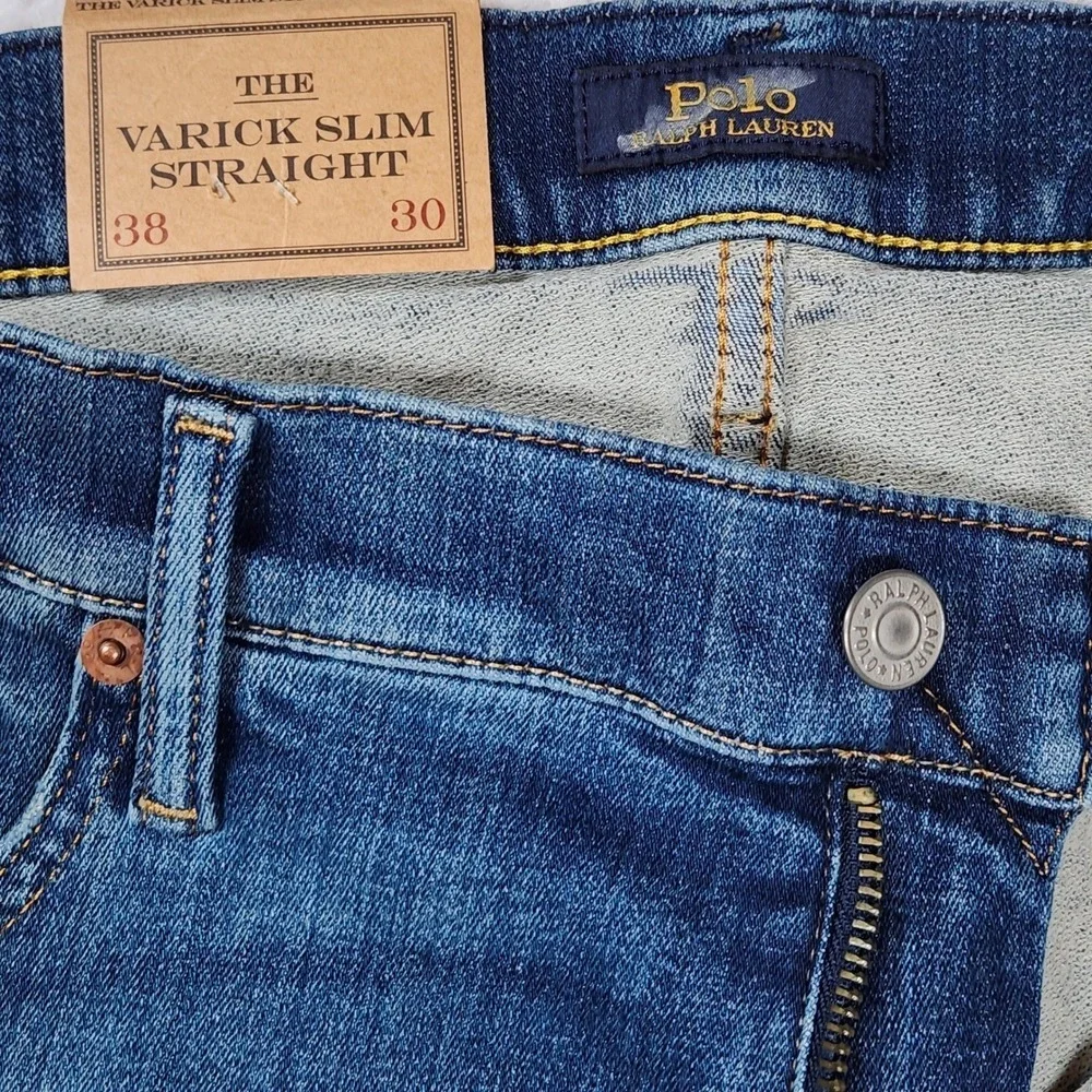 NWT Polo Ralph Lauren Varick‎ Slim Straight Jeans 38/30 Fit 40/30 Rope Dyed Blue